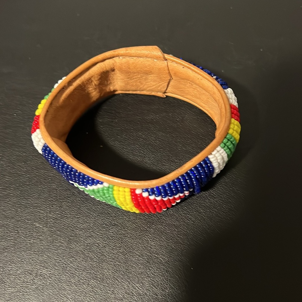 Colorful Beaded Bracelet with Tan Leather Interior - Picture 5 of 9